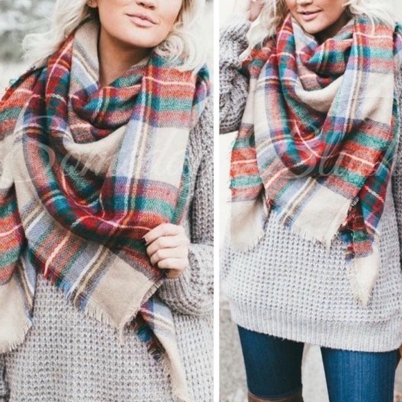 NWT red khaki green plaid square blanket scarf - Picture 3 of 3